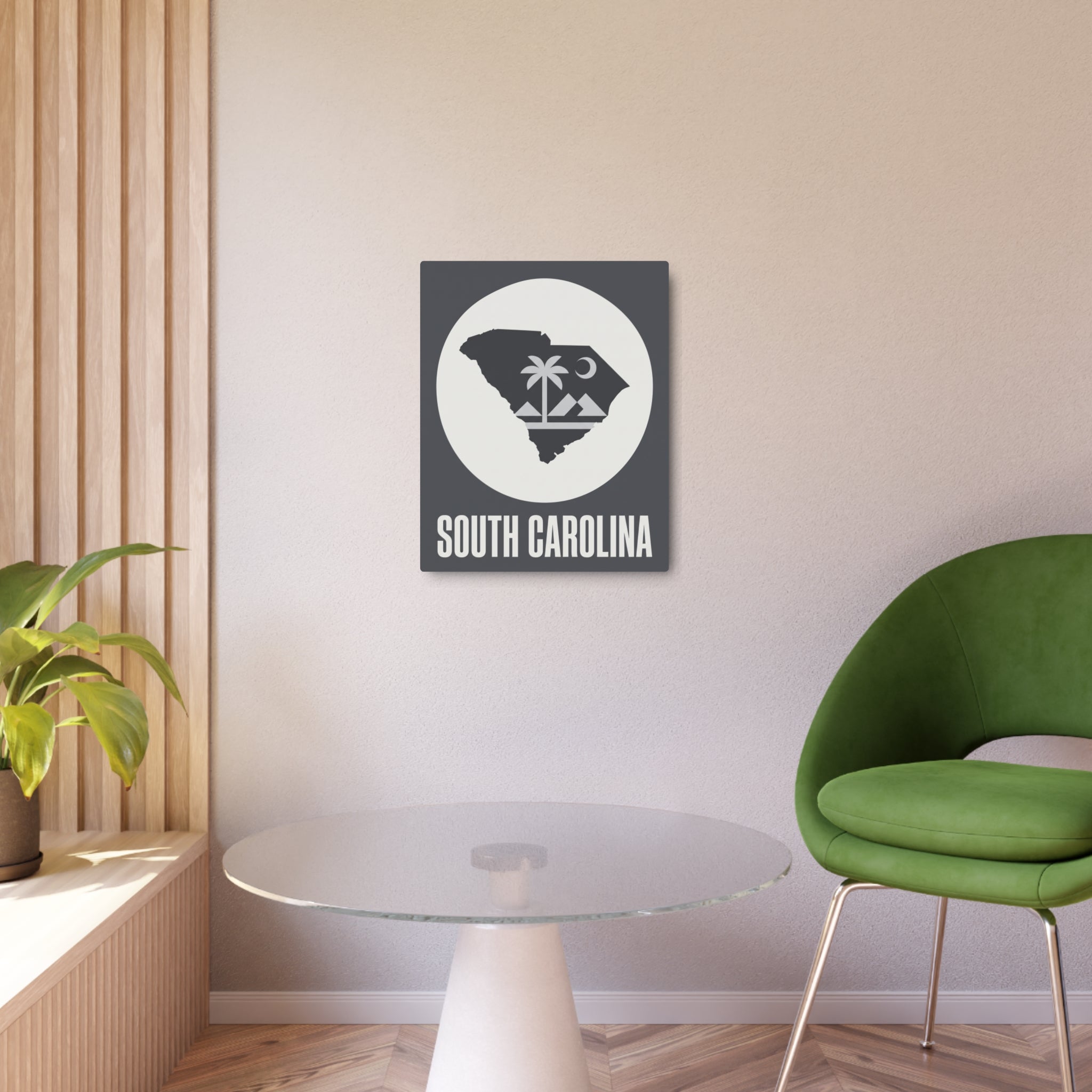 South Carolina metal wall sign, dark gray square with white circle state map and “SOUTH CAROLINA”