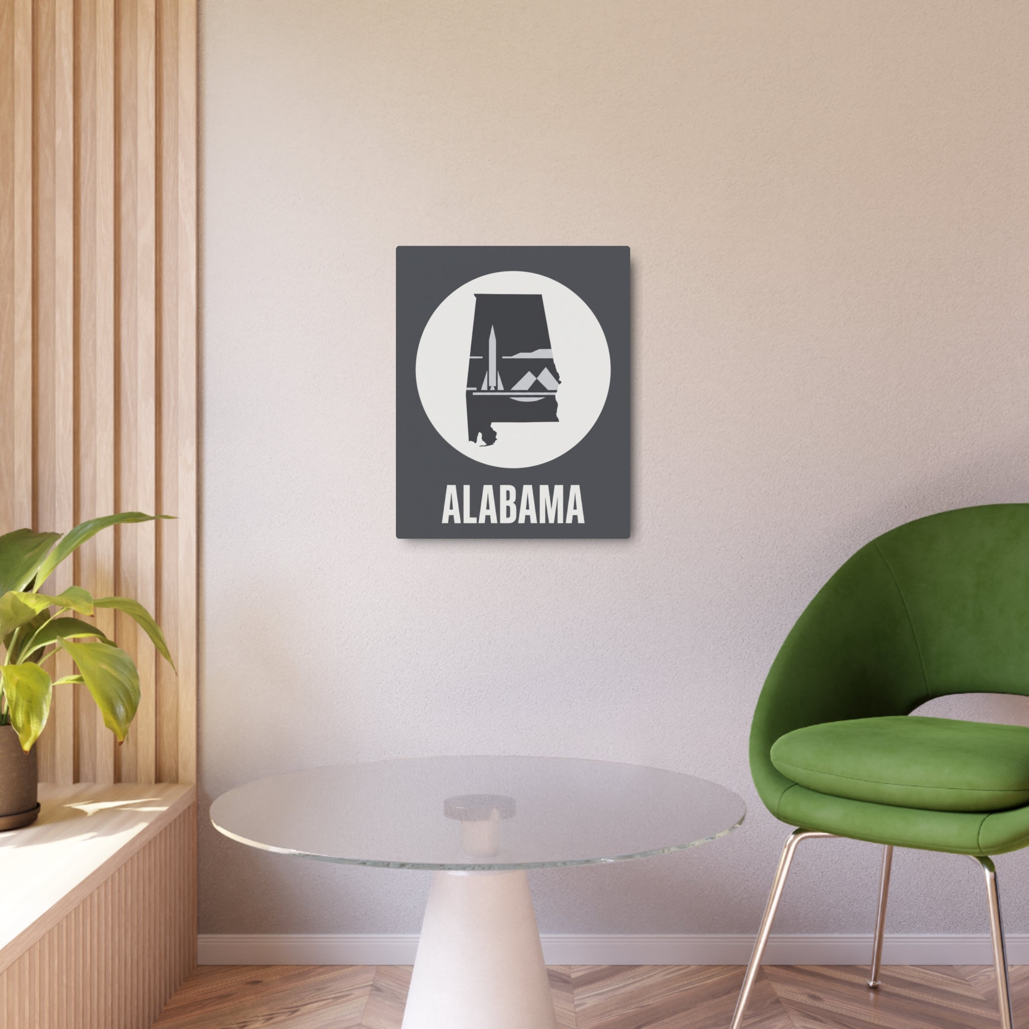 Alabama rocket skyline metal wall art, square front with circular emblem and ALABAMA text