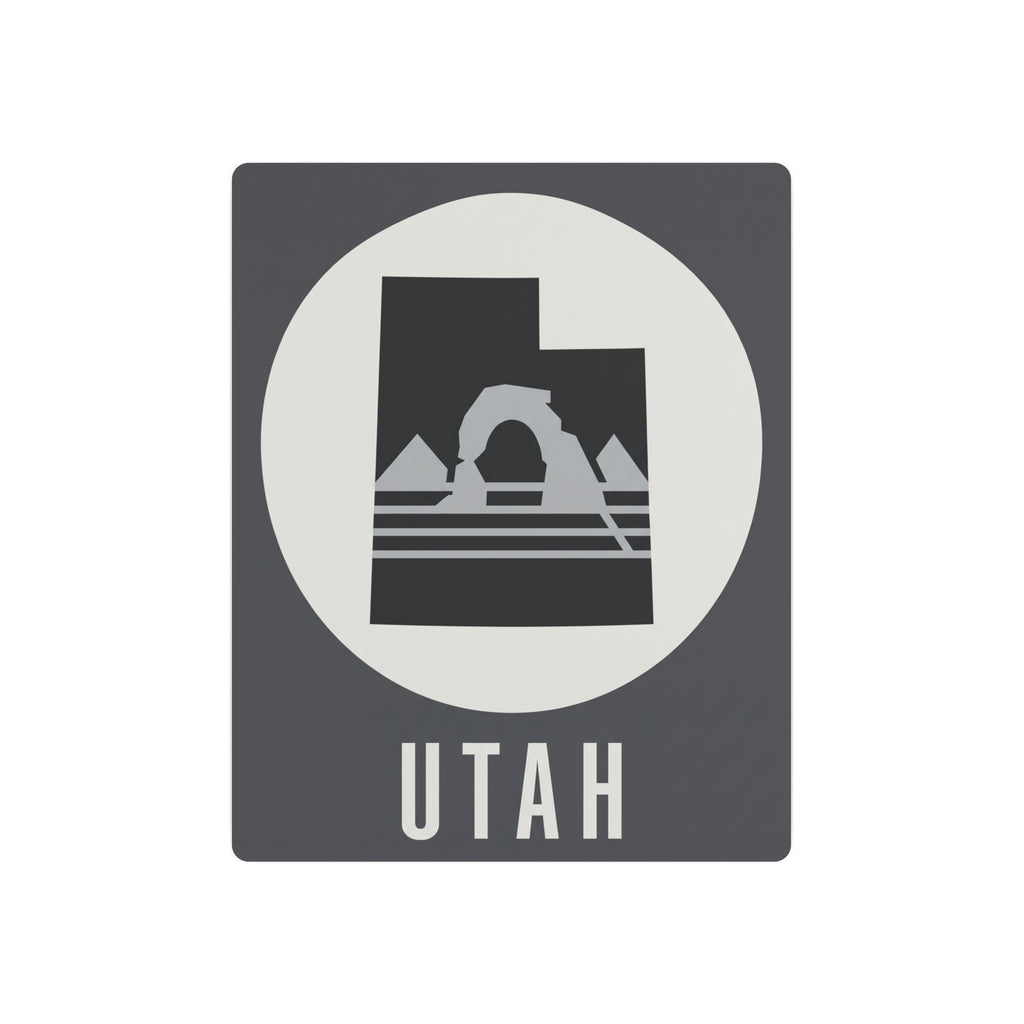 Utah metal wall art sign with dark square background, white circle, arch mountain graphic, UTah text