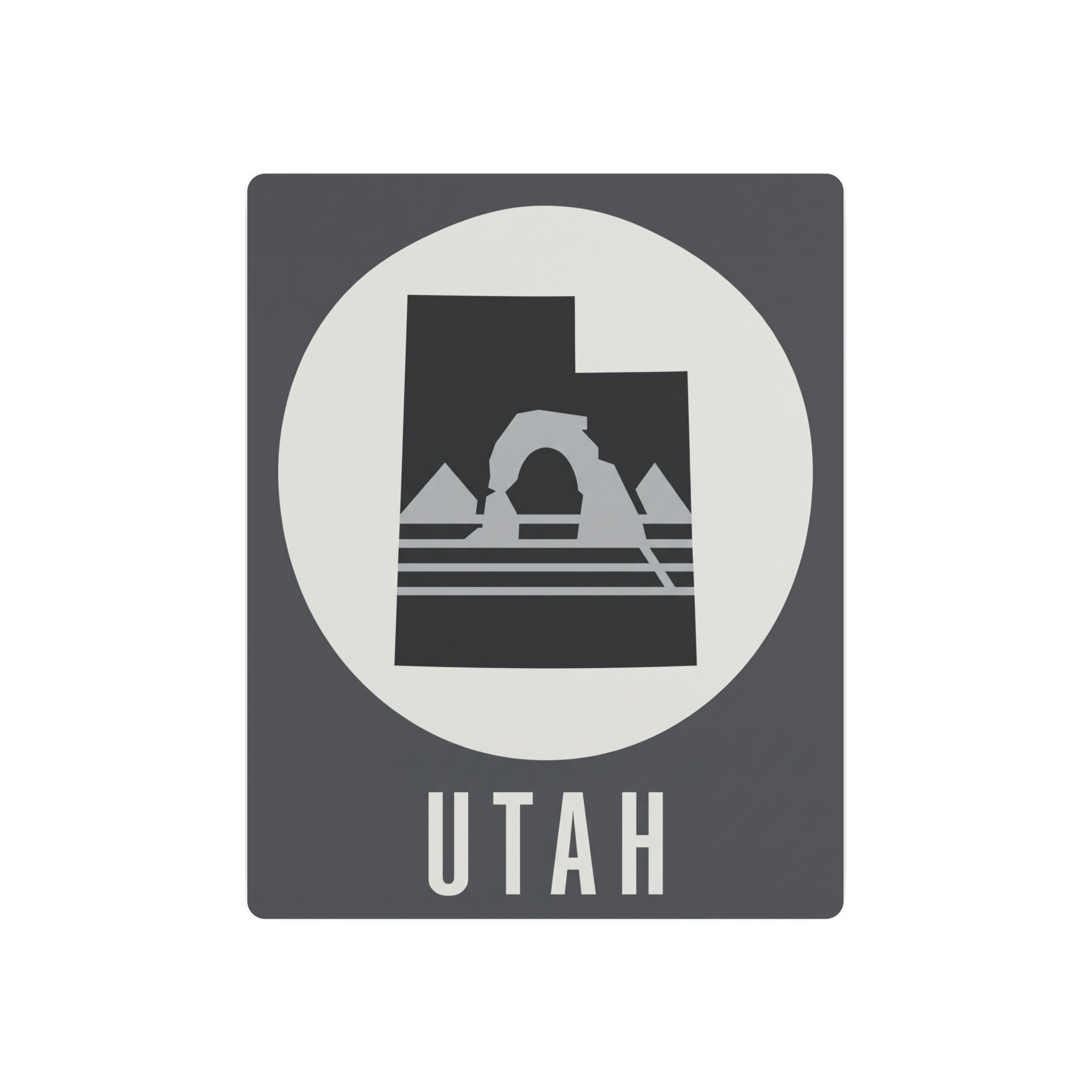 Utah metal wall art sign with dark square background, white circle, arch mountain graphic, UTah text