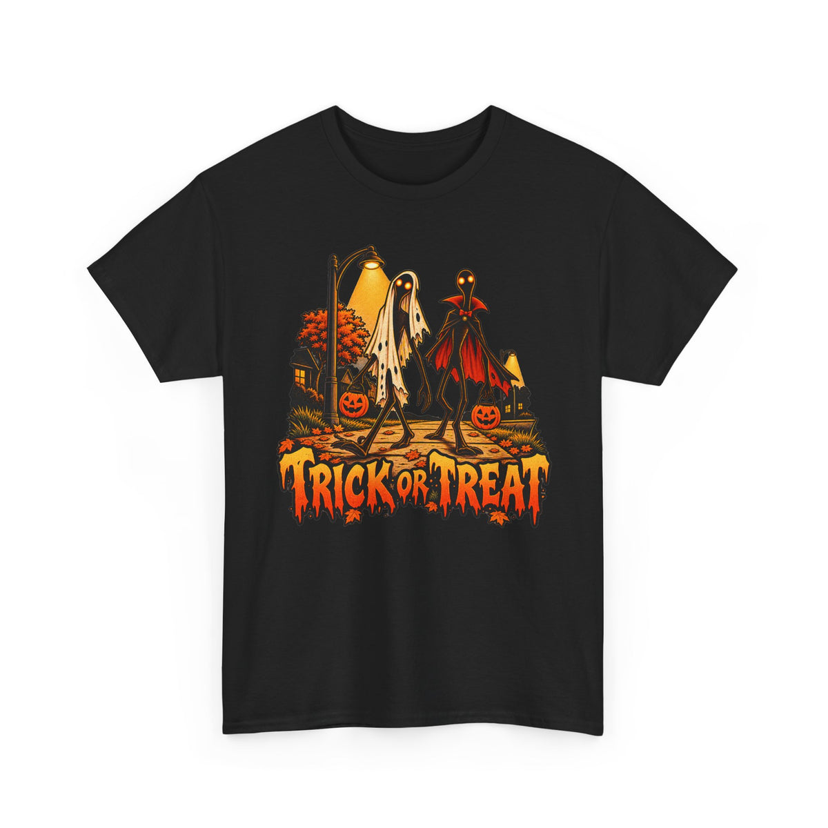 Black Halloween T-shirt with ghost, vampire and 'Trick or Treat' front graphic