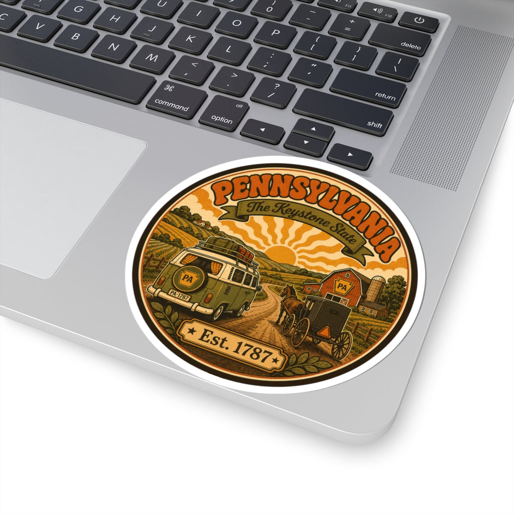 Oval Pennsylvania sticker on laptop showing vintage van, buggy scene, and Est. 1787