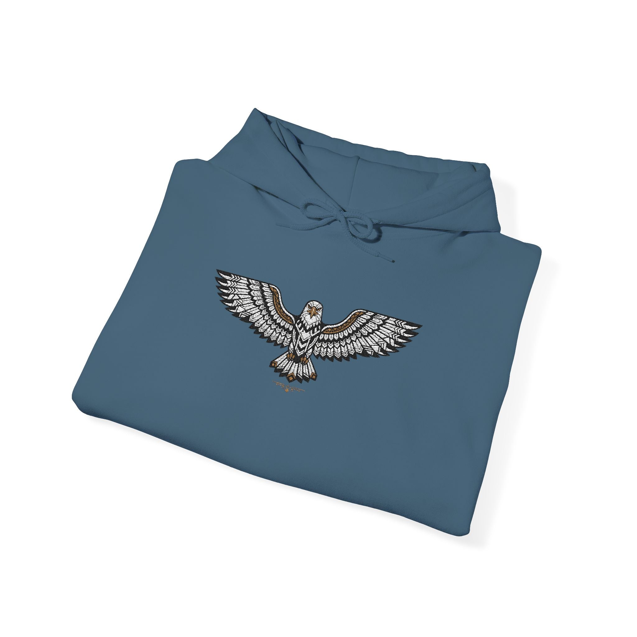 Blue hoodie with rhinestone eagle chest graphic and front drawstring hood