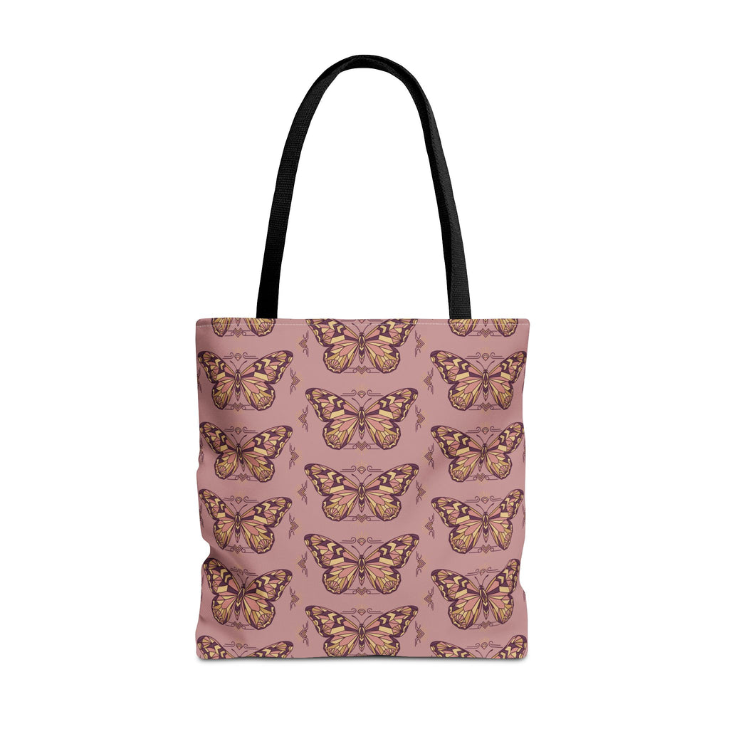 Pink butterfly pattern tote bag with black handle straps, centered front