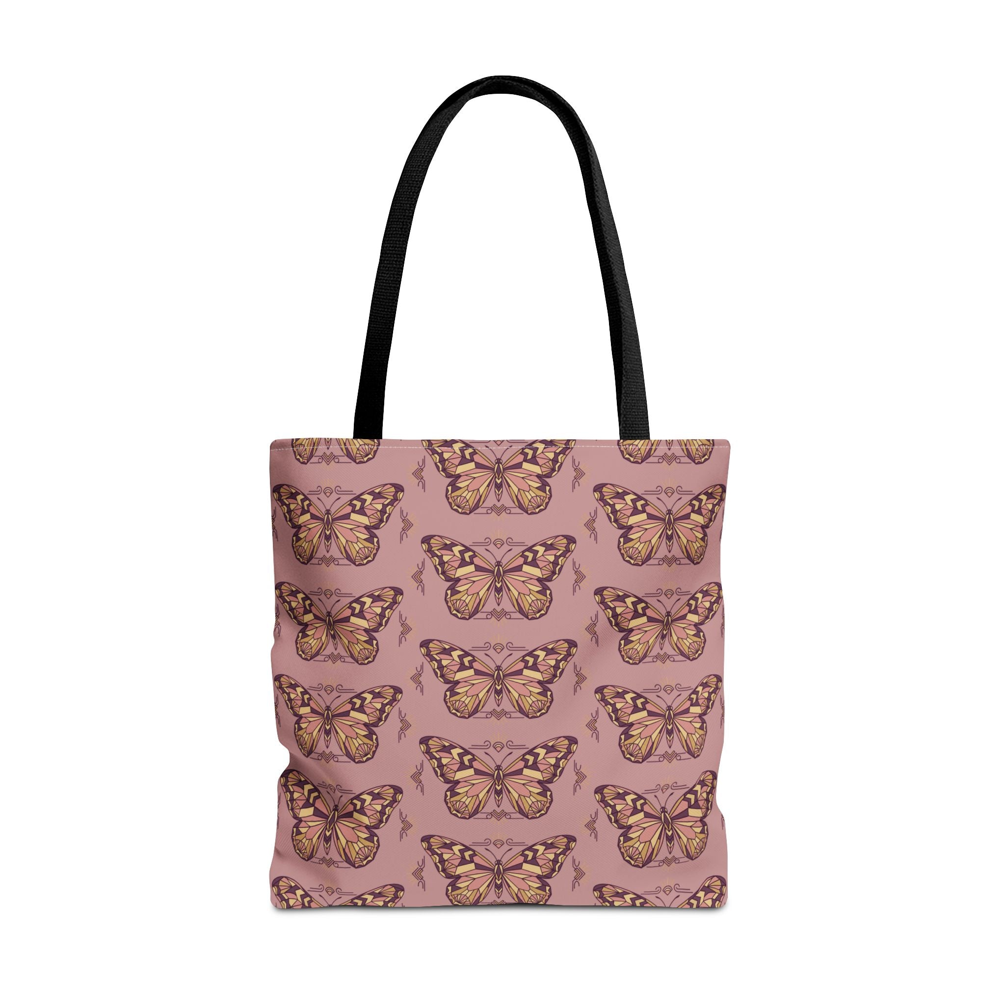 Pink butterfly pattern tote bag with black handle straps, centered front