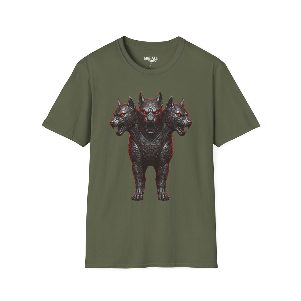 Military Green three-headed Cerberus dog T-shirt with red-eyed gothic front print