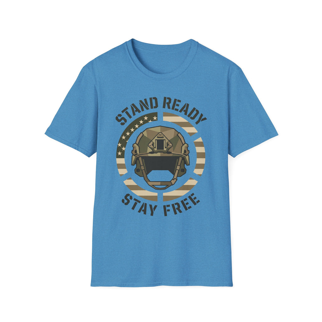 Blue crew-neck military helmet graphic t-shirt with circular “Stand Ready Stay Free” print