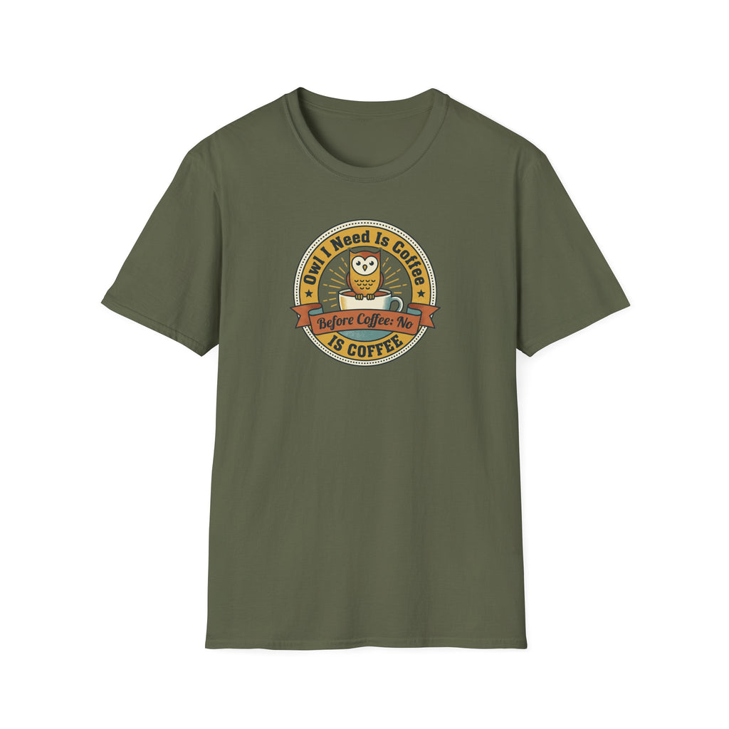 Olive green crewneck T-shirt with coffee owl badge graphic on front