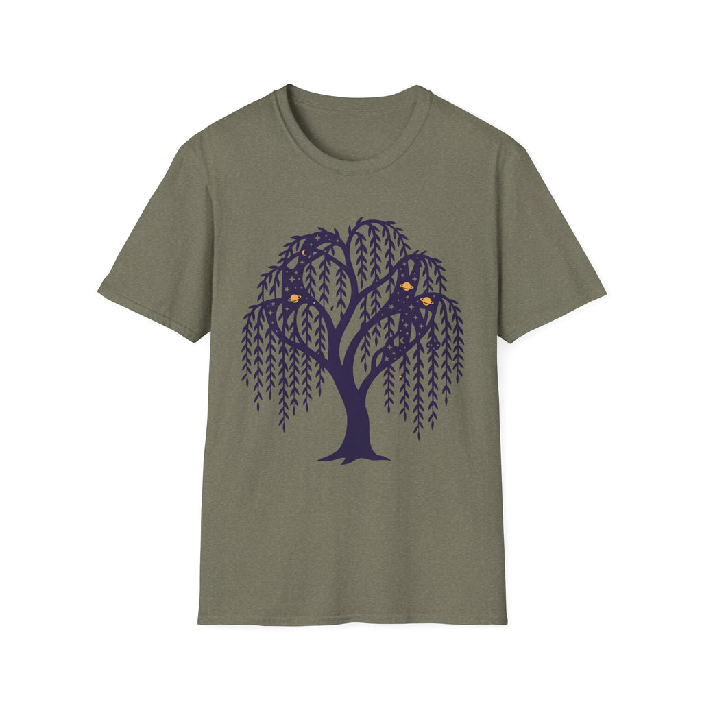 Olive green T-shirt with dark blue weeping willow and owl graphic