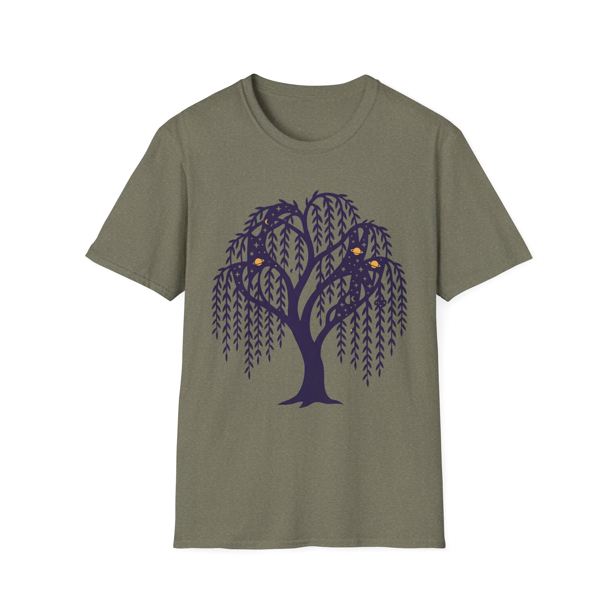 Olive green T-shirt with dark blue weeping willow and owl graphic