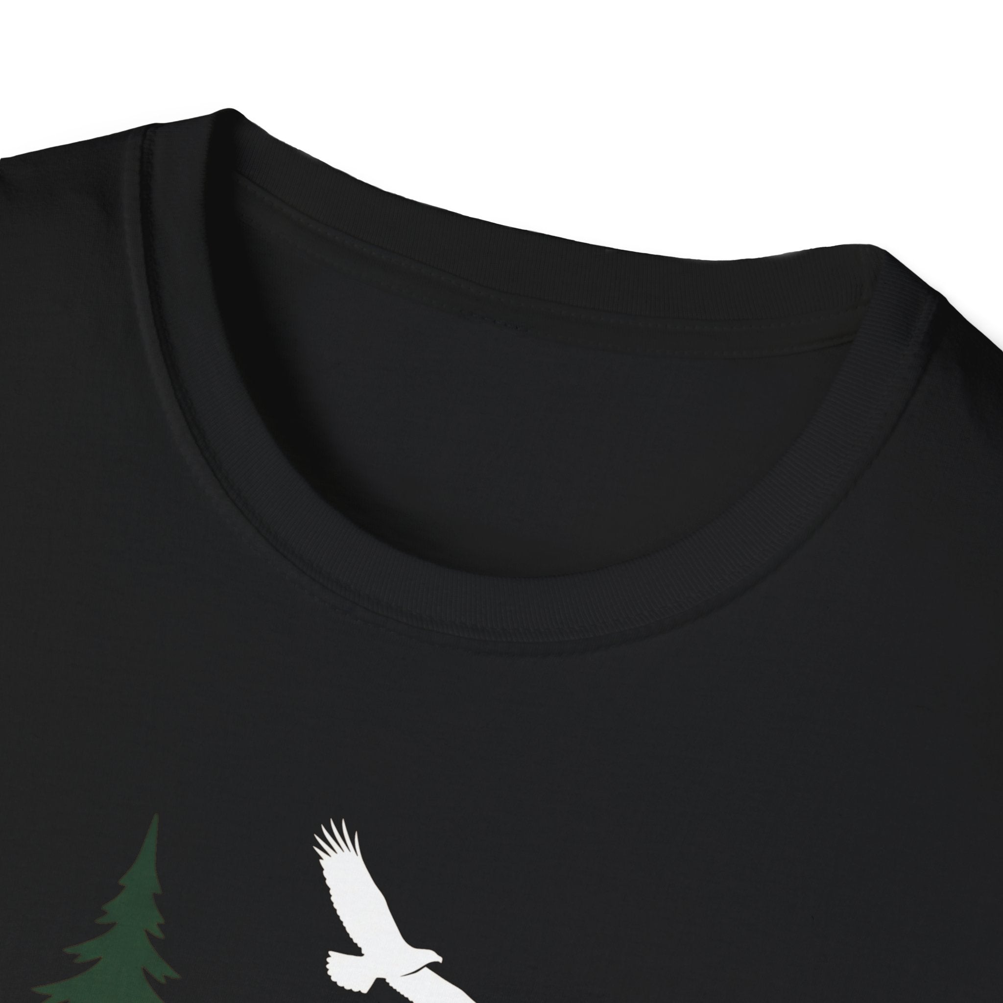 Black crew-neck T-shirt neckline, partial pine and white bird print