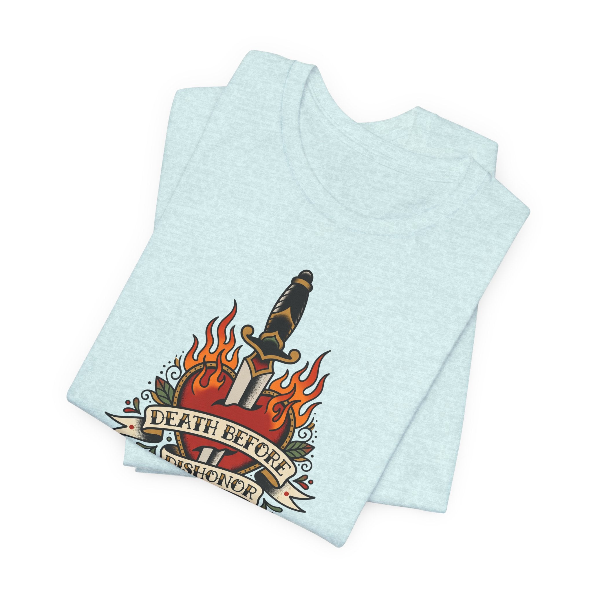 Light blue graphic T-shirt with dagger and flames logo on front