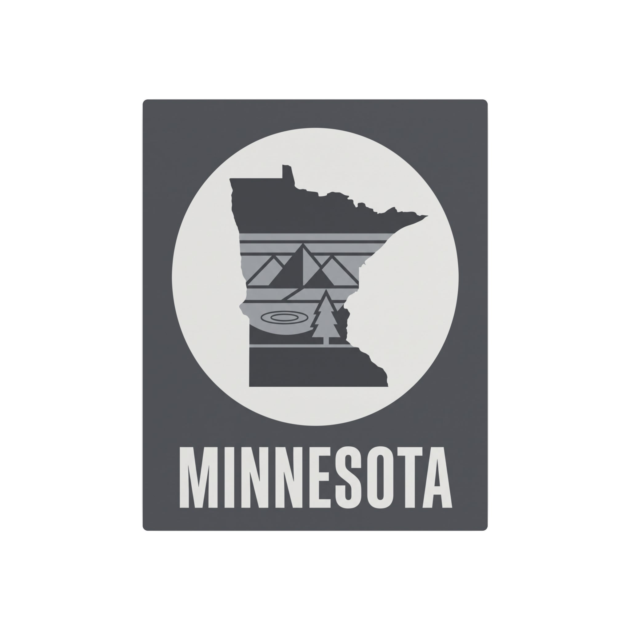Minnesota metal silhouette wall sign, centered white circle with state graphic and “MINNESOTA” text.
