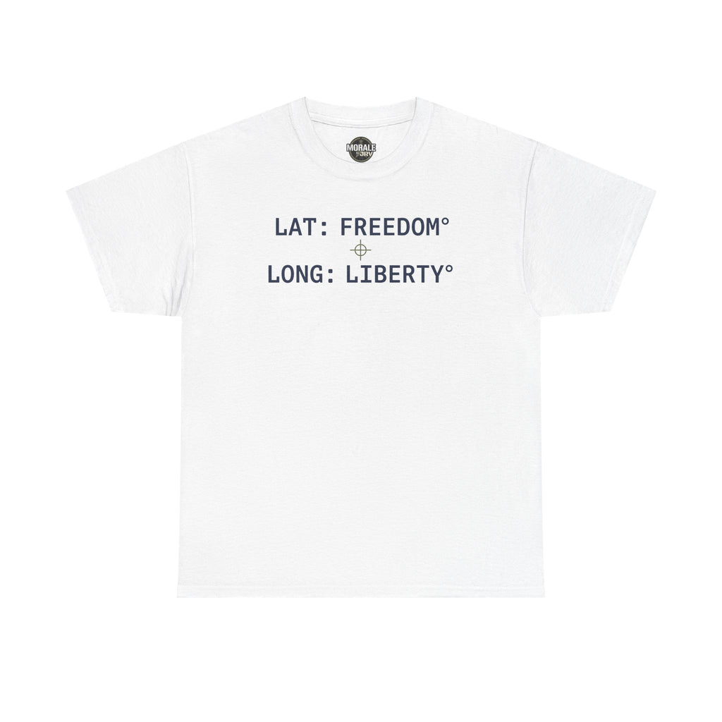 White T-shirt with "LAT: FREEDOM" and "LONG: LIBERTY" graphic