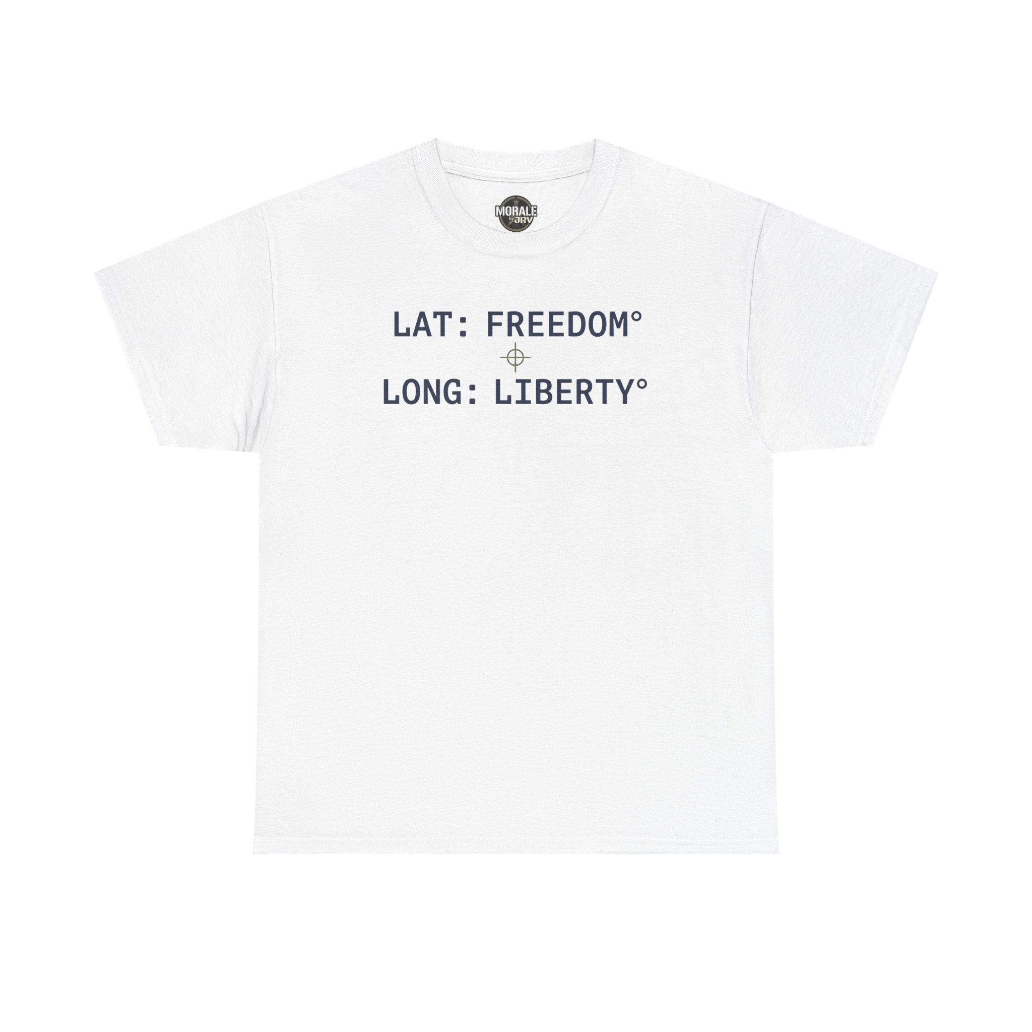 White T-shirt with "LAT: FREEDOM" and "LONG: LIBERTY" graphic