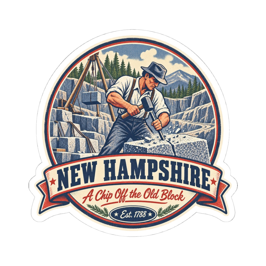 Round New Hampshire stonecutter sticker featuring quarry worker, blue-and-white vintage scene