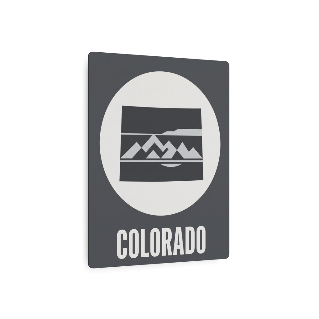 Colorado metal wall art sign with oval mountain scene and 'COLORADO' text, dark gray