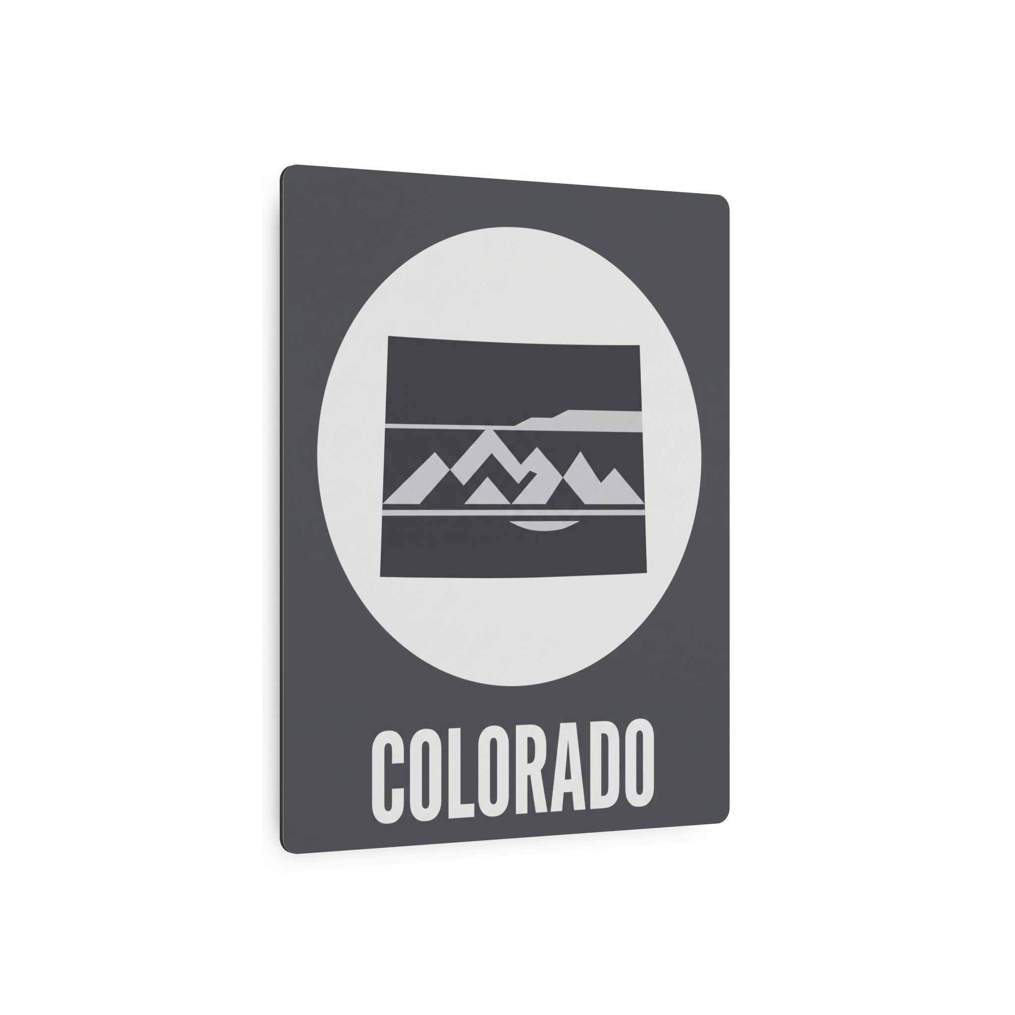 Colorado metal wall art sign with oval mountain scene and 'COLORADO' text, dark gray