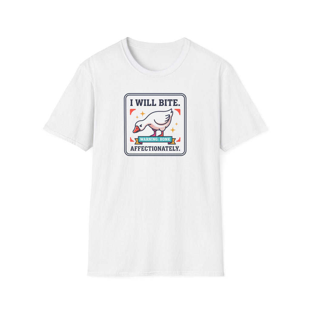 White T-shirt with centered front graphic: warning honk affectionately goose
