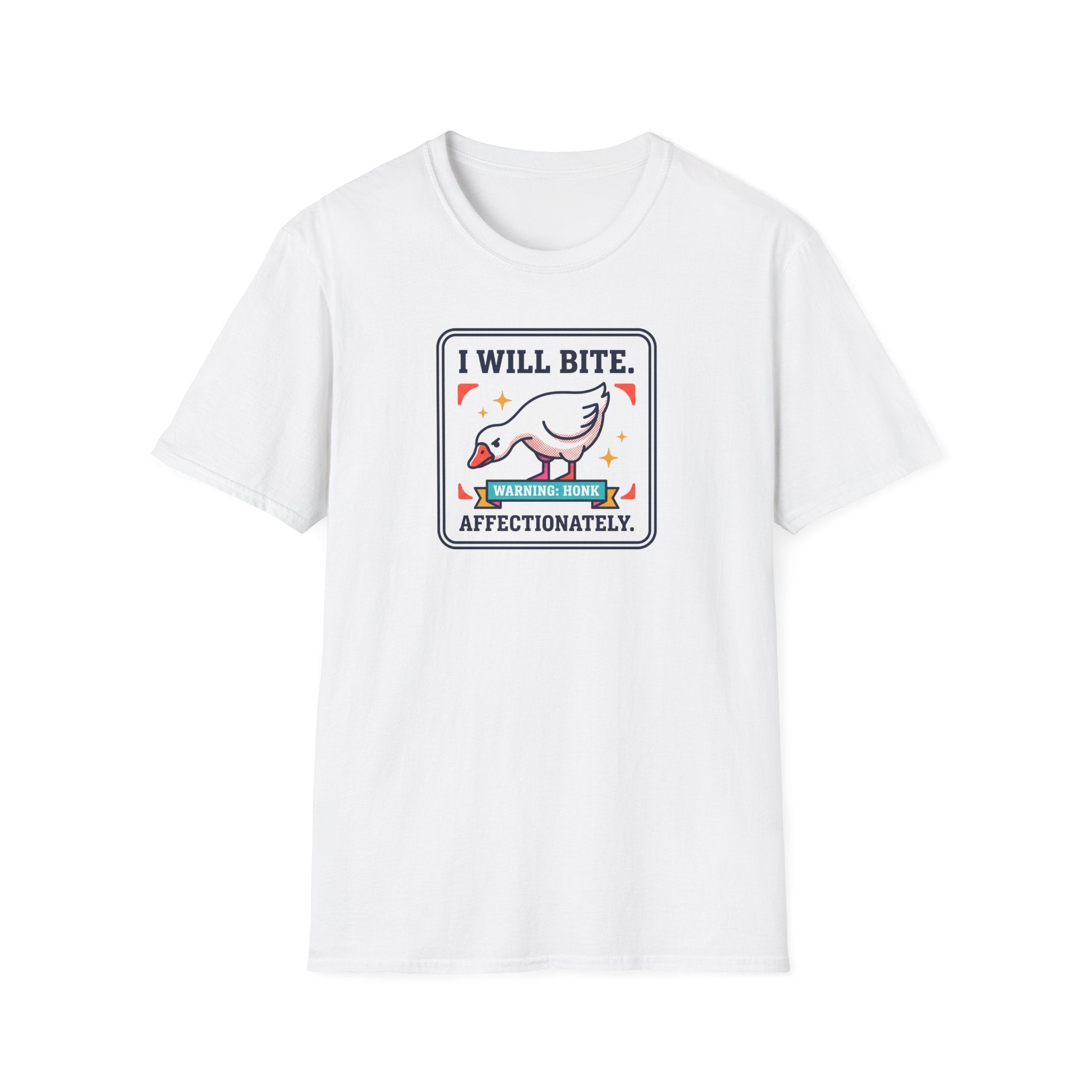 White T-shirt with centered front graphic: warning honk affectionately goose