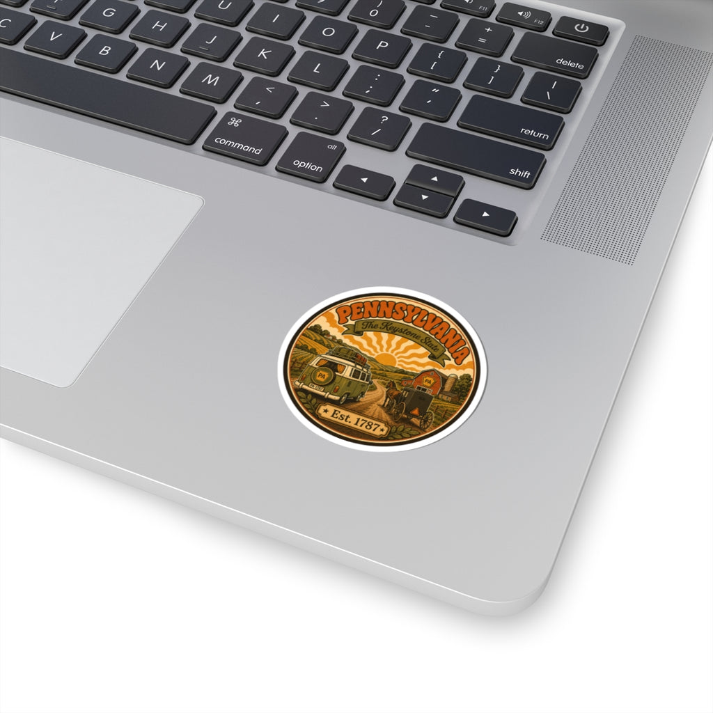 Circular Pennsylvania sticker with vintage scenic van and Amish buggy graphic