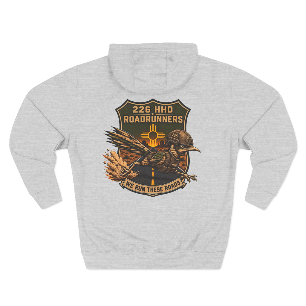 Heather gray pullover hoodie, back graphic print and hood