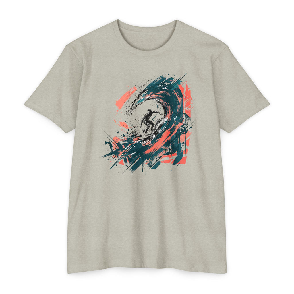 Unisex T-shirt in light gray with abstract surfer wave paintbrush graphic on front.