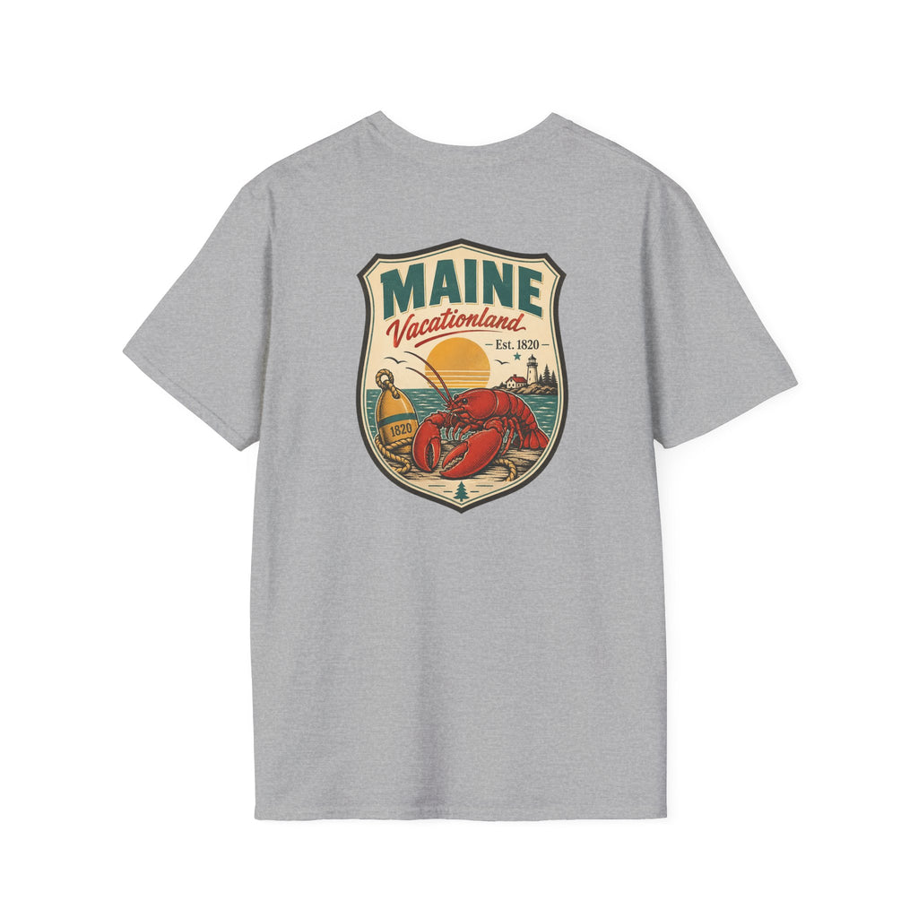 Light gray Maine graphic T-shirt with shield logo and lobster artwork on chest