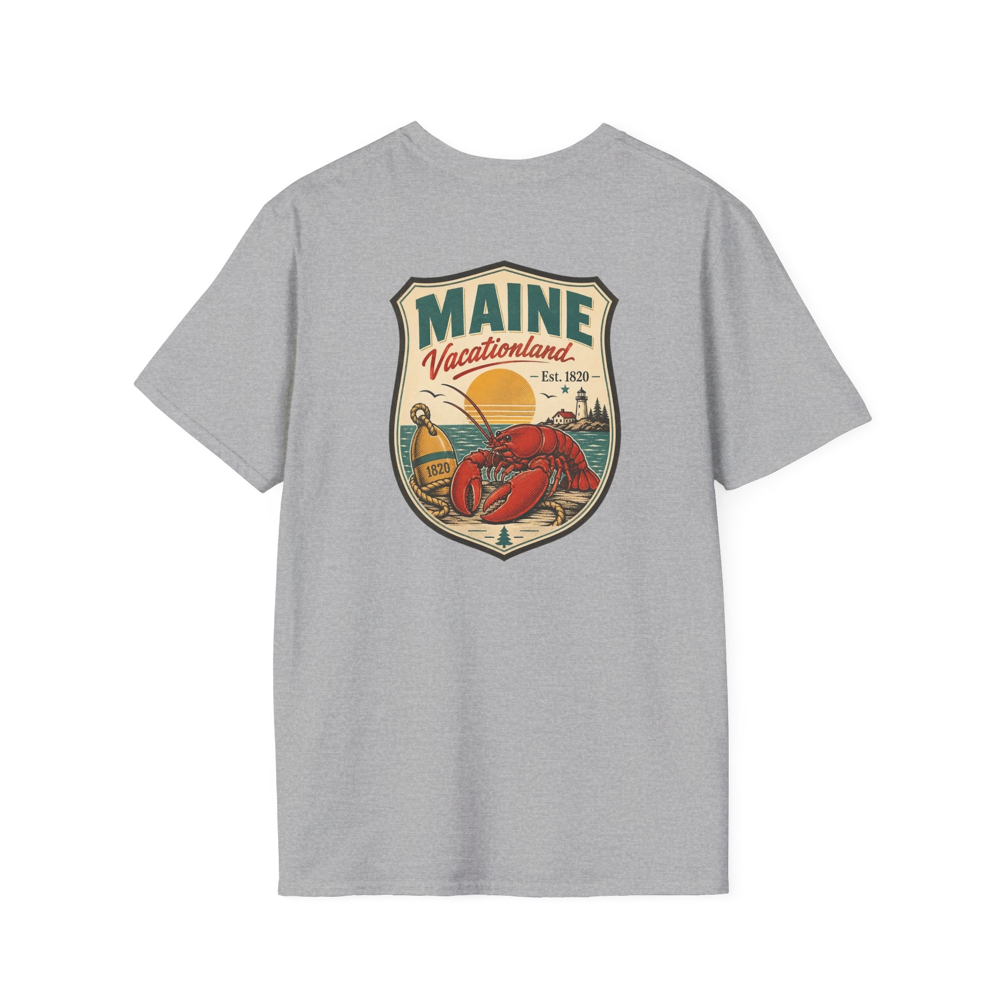 Light gray Maine graphic T-shirt with shield logo and lobster artwork on chest
