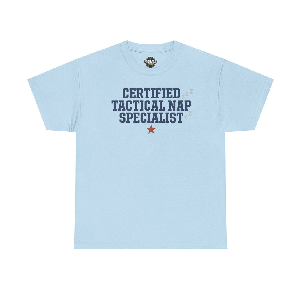 Light blue crewneck tee with 'Certified Tactical Nap Specialist' print