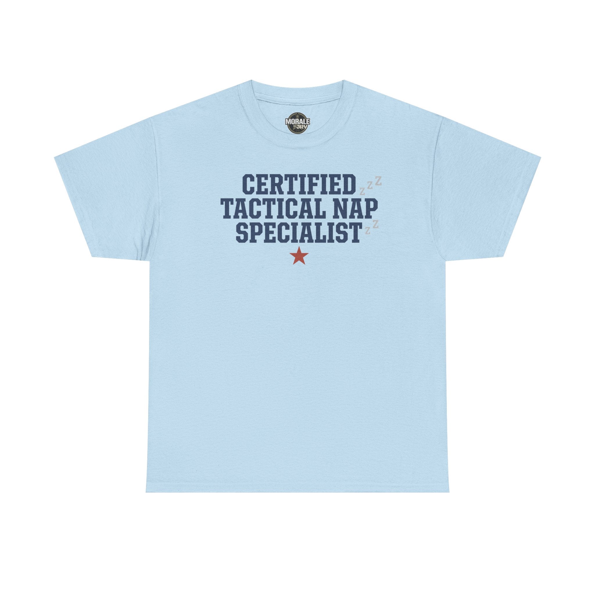 Light blue crewneck tee with 'Certified Tactical Nap Specialist' print
