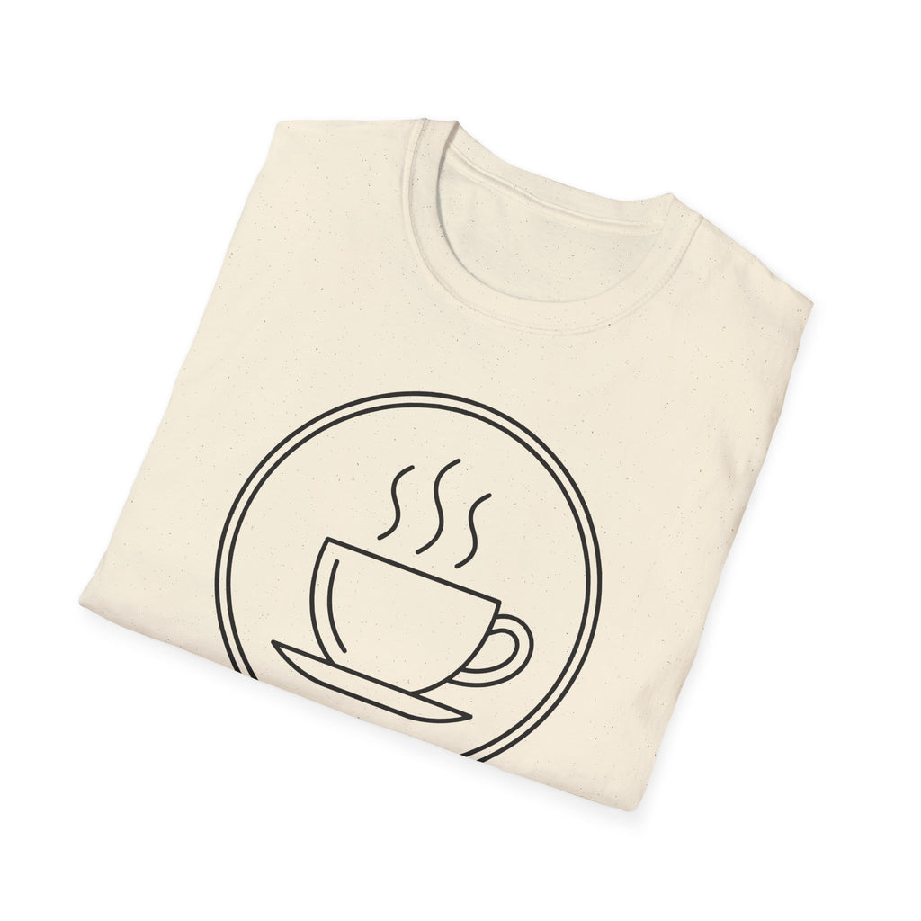 Natural cream coffee graphic T-shirt showing steaming cup inside a circle
