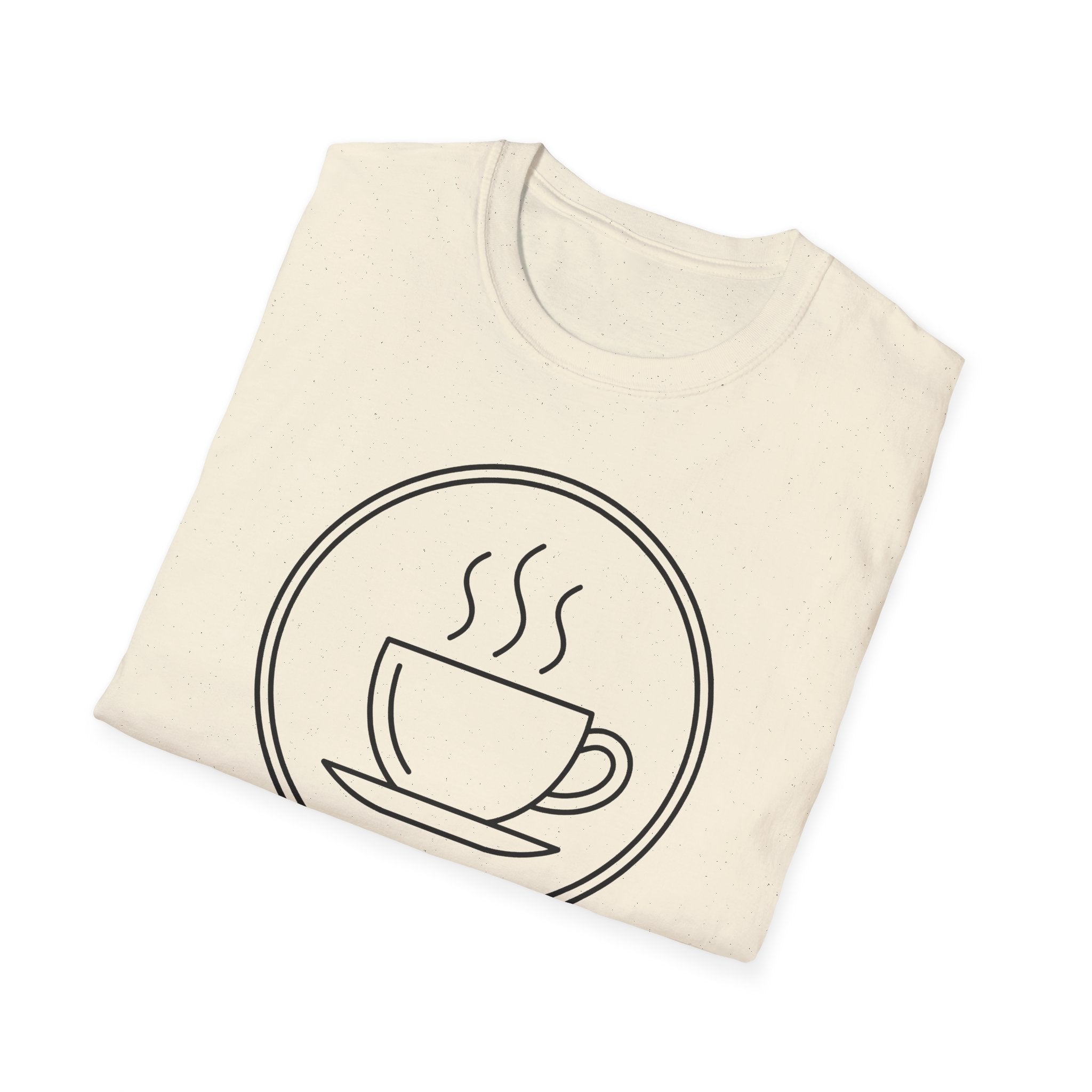 Natural cream coffee graphic T-shirt showing steaming cup inside a circle