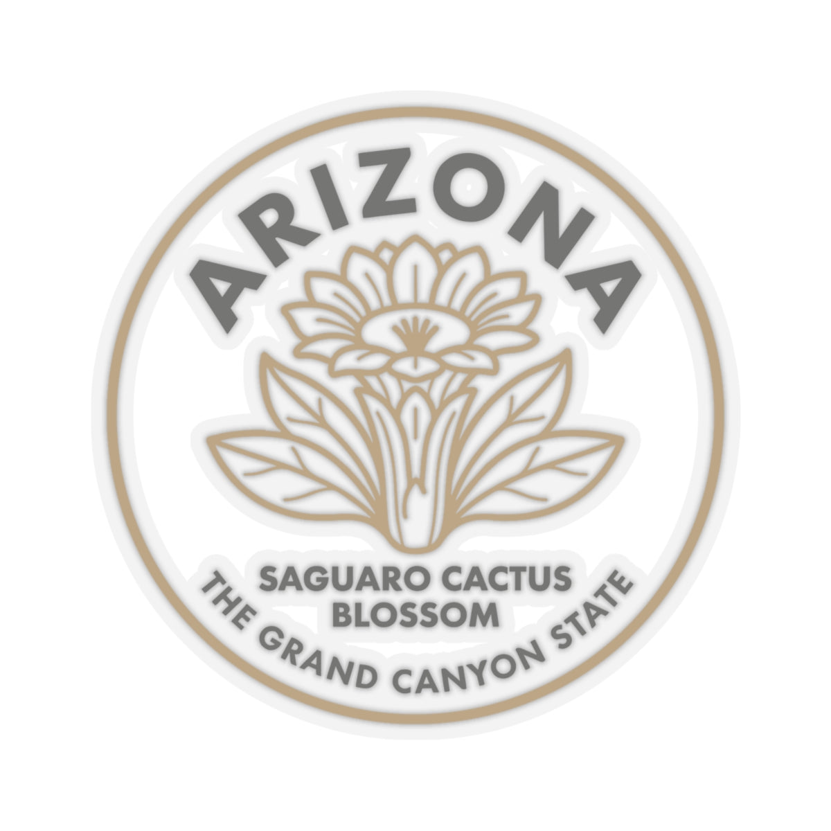 Circular vinyl decal featuring saguaro cactus blossom and Arizona text, beige on clear.