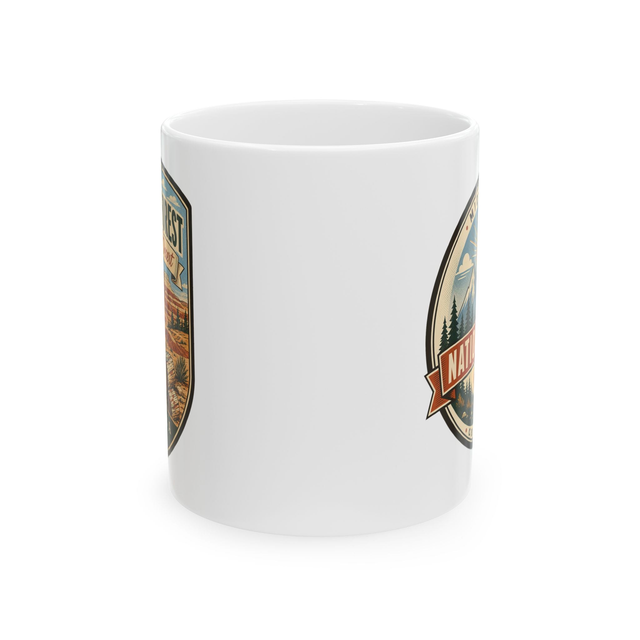 White ceramic mug with side graphic badge featuring trees and desert landscape