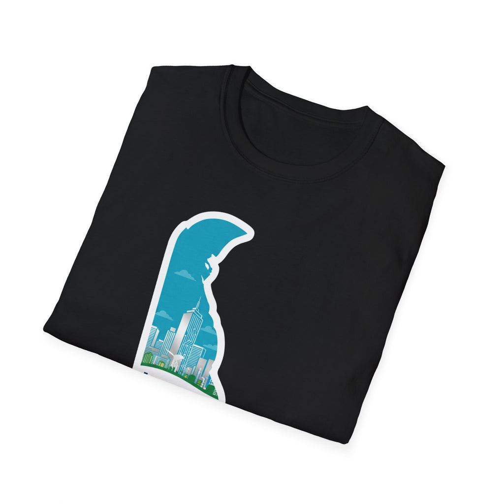 Delaware silhouette T-shirt, black with large Delaware map and silhouetted figure
