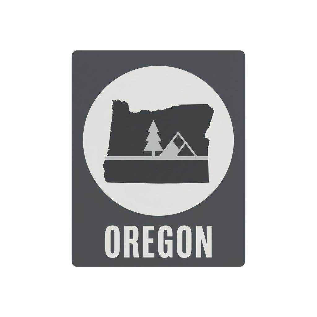 Rustic Oregon metal wall sign, dark gray square with white circle, trees, tent and OREGON text