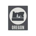 Rustic Oregon metal wall sign, dark gray square with white circle, trees, tent and OREGON text