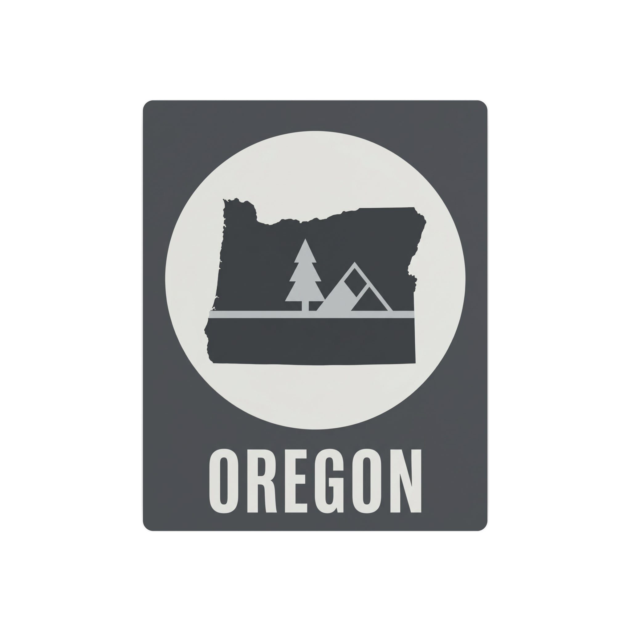 Rustic Oregon metal wall sign, dark gray square with white circle, trees, tent and OREGON text
