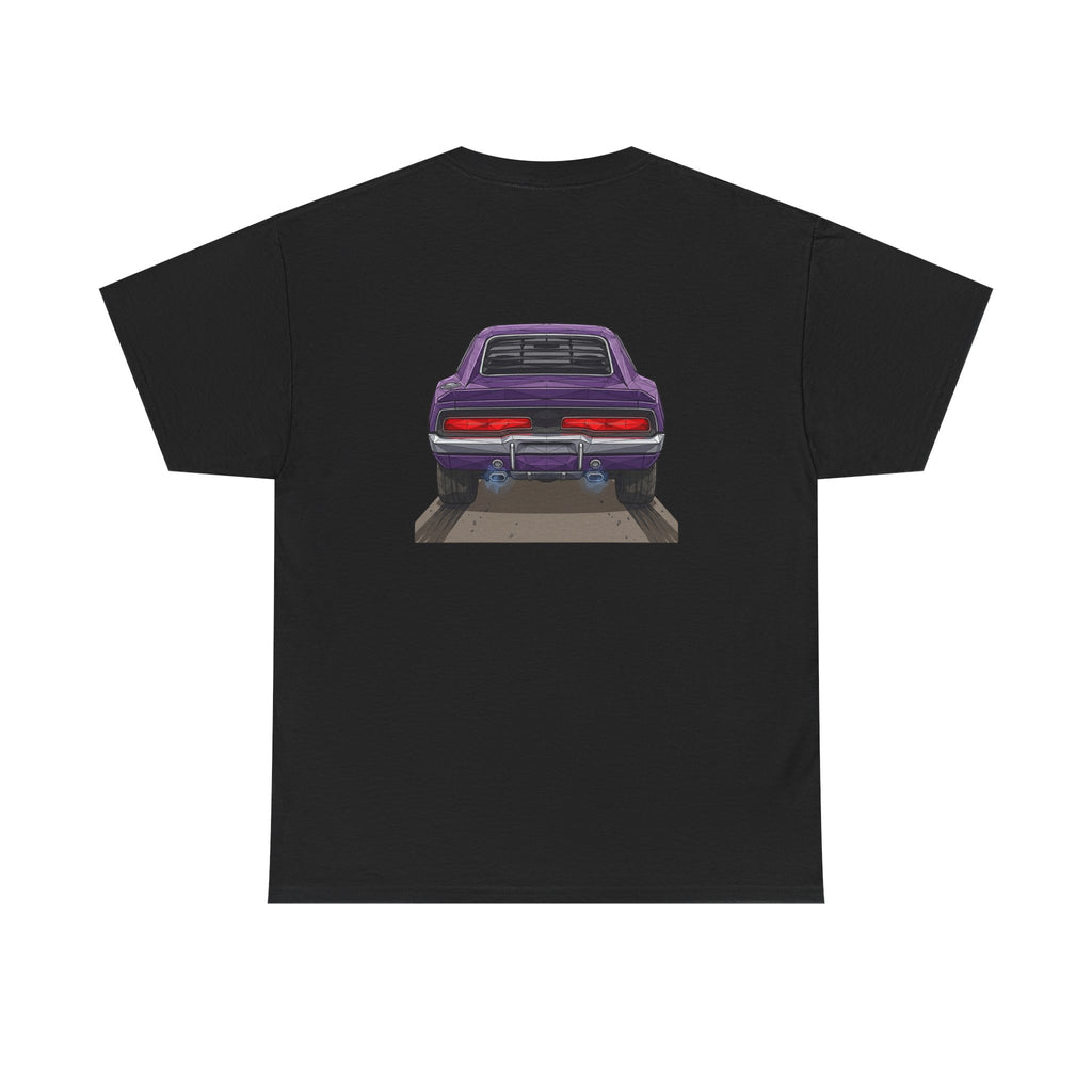 Black T-shirt with purple retro muscle car chest graphic, rear view