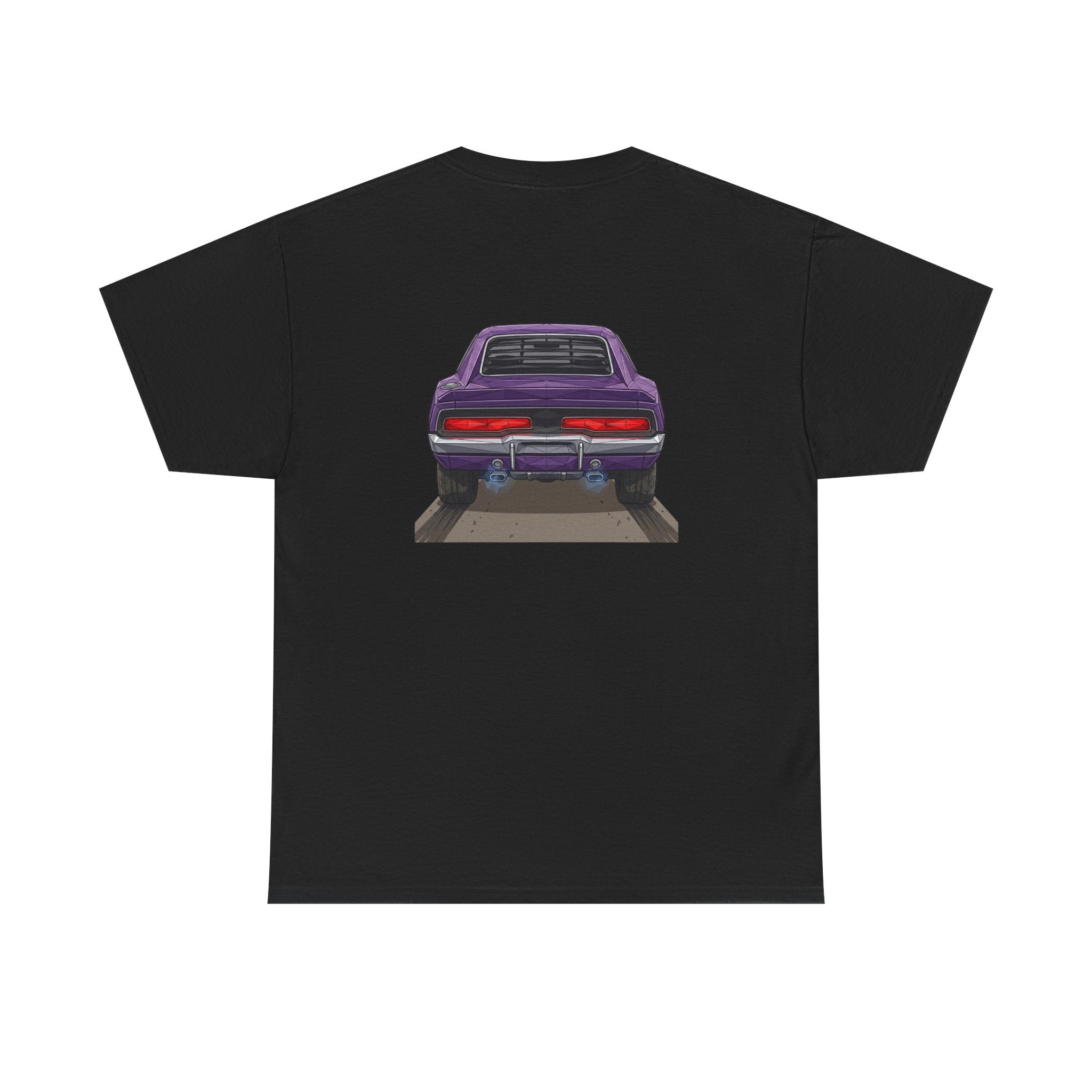 Black T-shirt with purple retro muscle car chest graphic, rear view