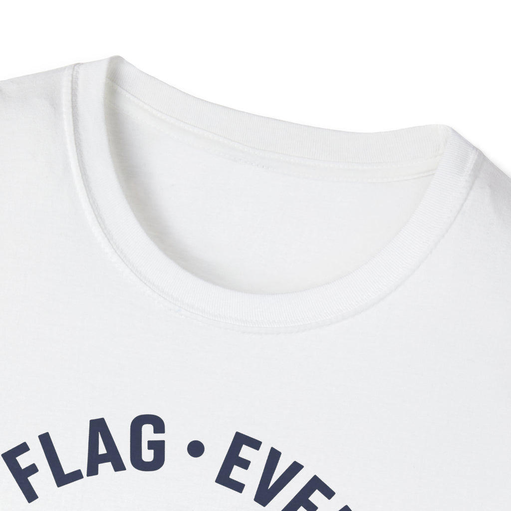 White t-shirt crew neck close-up with partial “FLAG • EVERY ERA” print