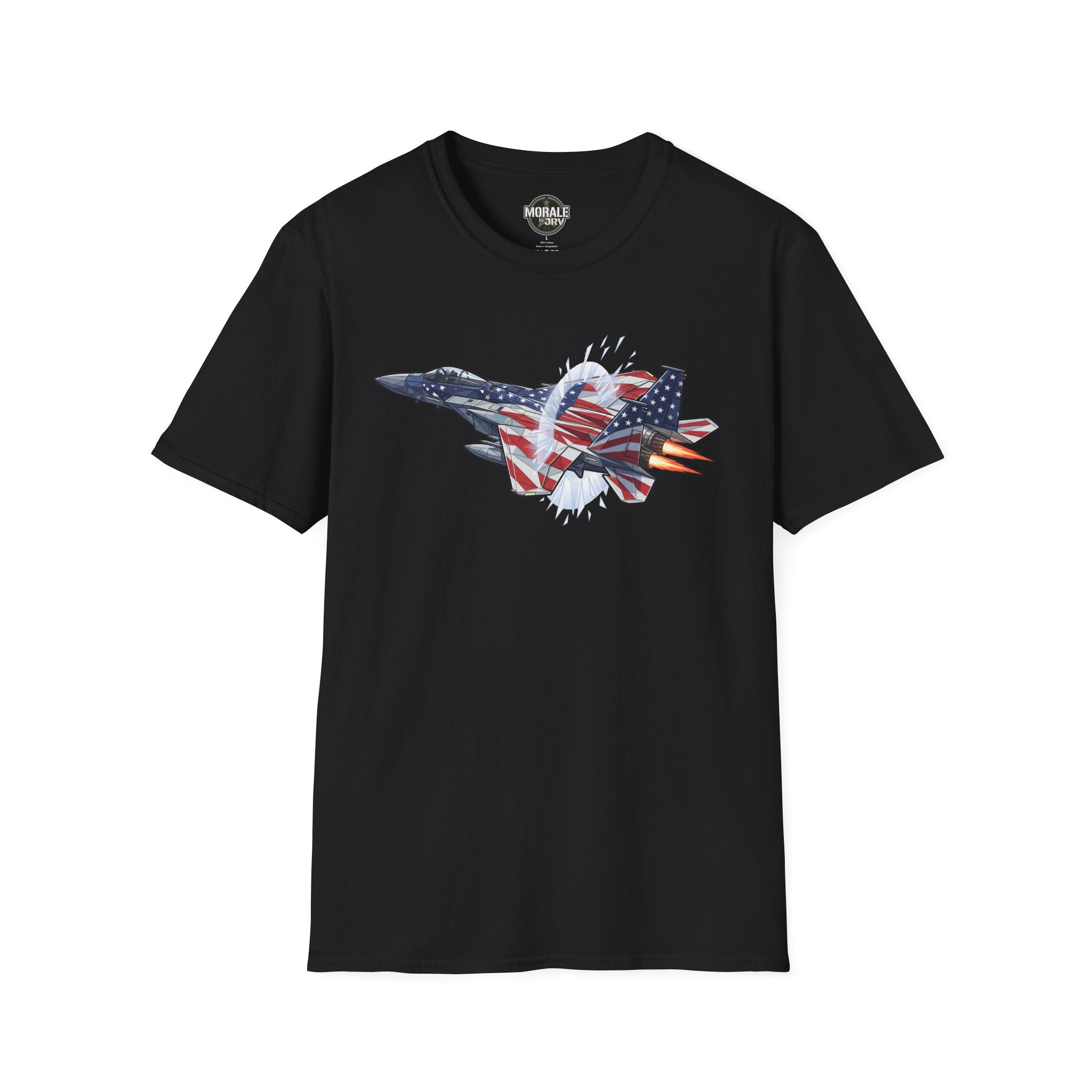 Black T-shirt with American flag fighter jet graphic on front