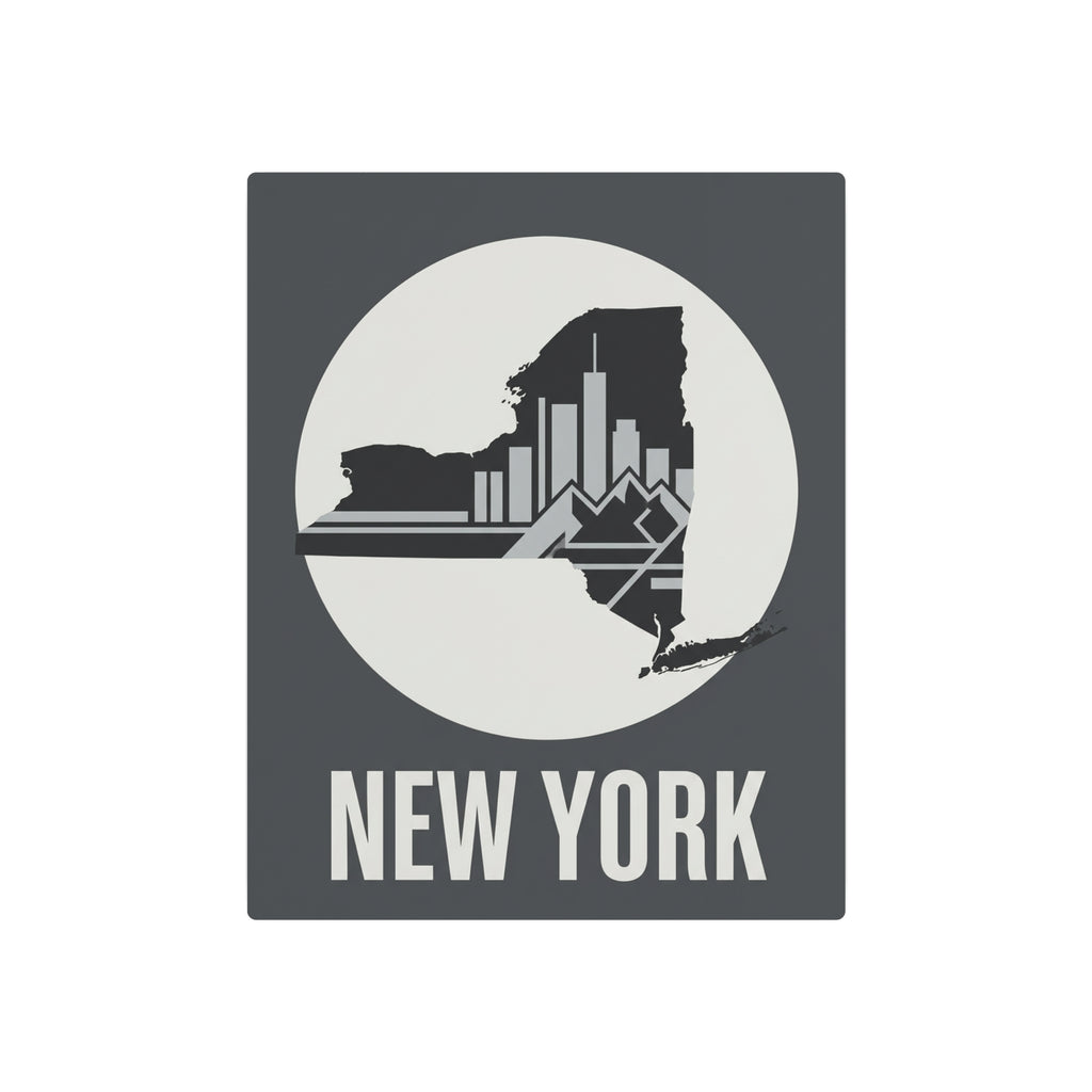 Dark gray square metal art sign with New York skyline silhouette in a circle and “NEW YORK”