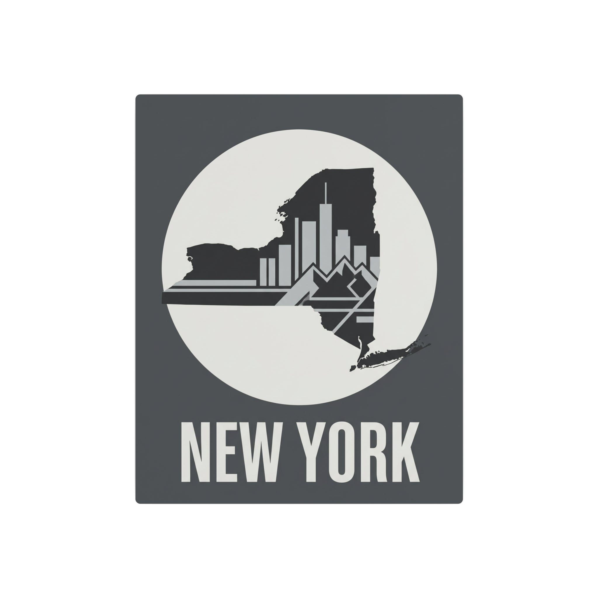Dark gray square metal art sign with New York skyline silhouette in a circle and “NEW YORK”