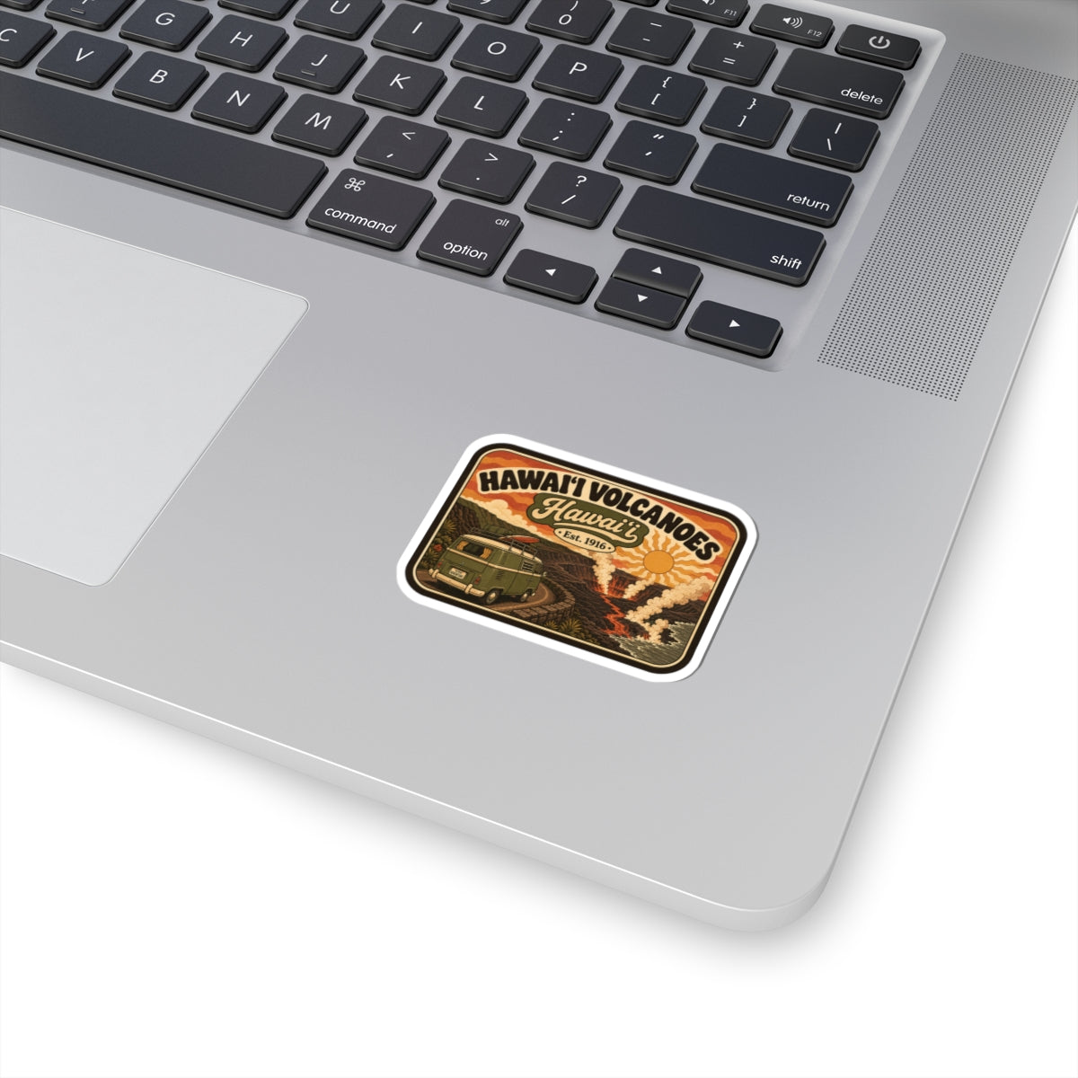 Rectangular kiss-cut sticker with Hawaii Volcanoes National Park vintage lava landscape logo