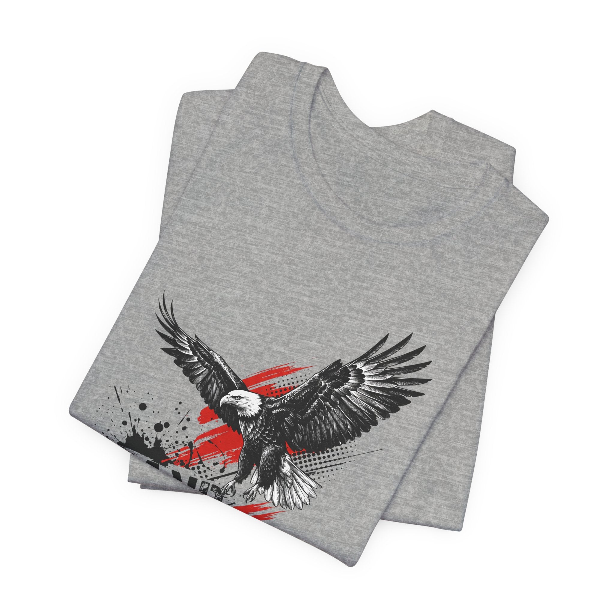 Heather gray graphic t-shirt with flying black eagle distressed red-white-blue splash.