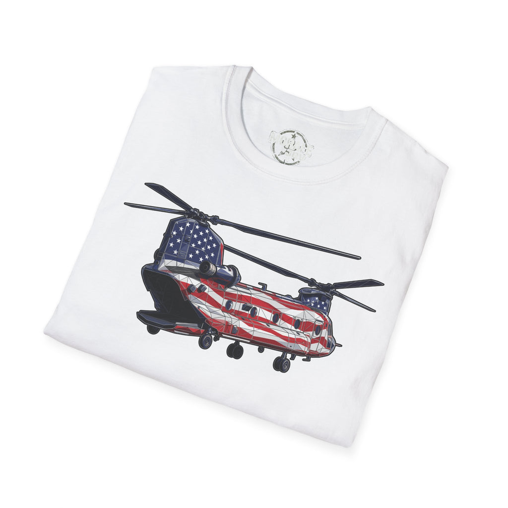CH-47 Chinook T-Shirt, white, American flag helicopter graphic on front