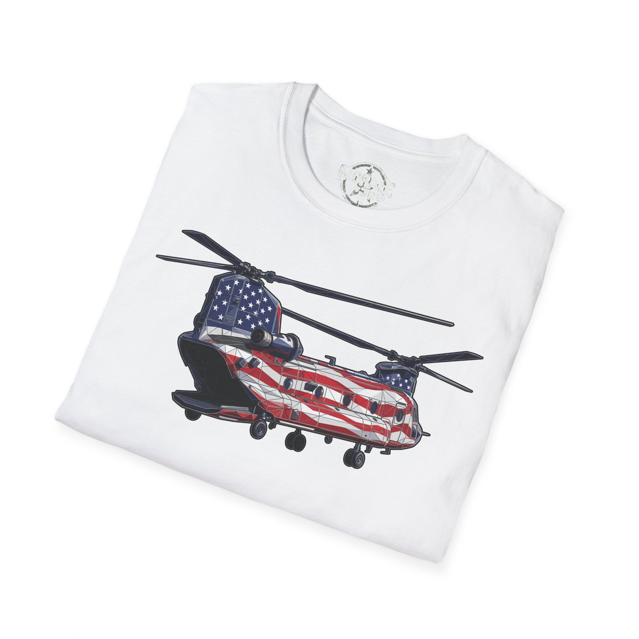 CH-47 Chinook T-Shirt, white, American flag helicopter graphic on front