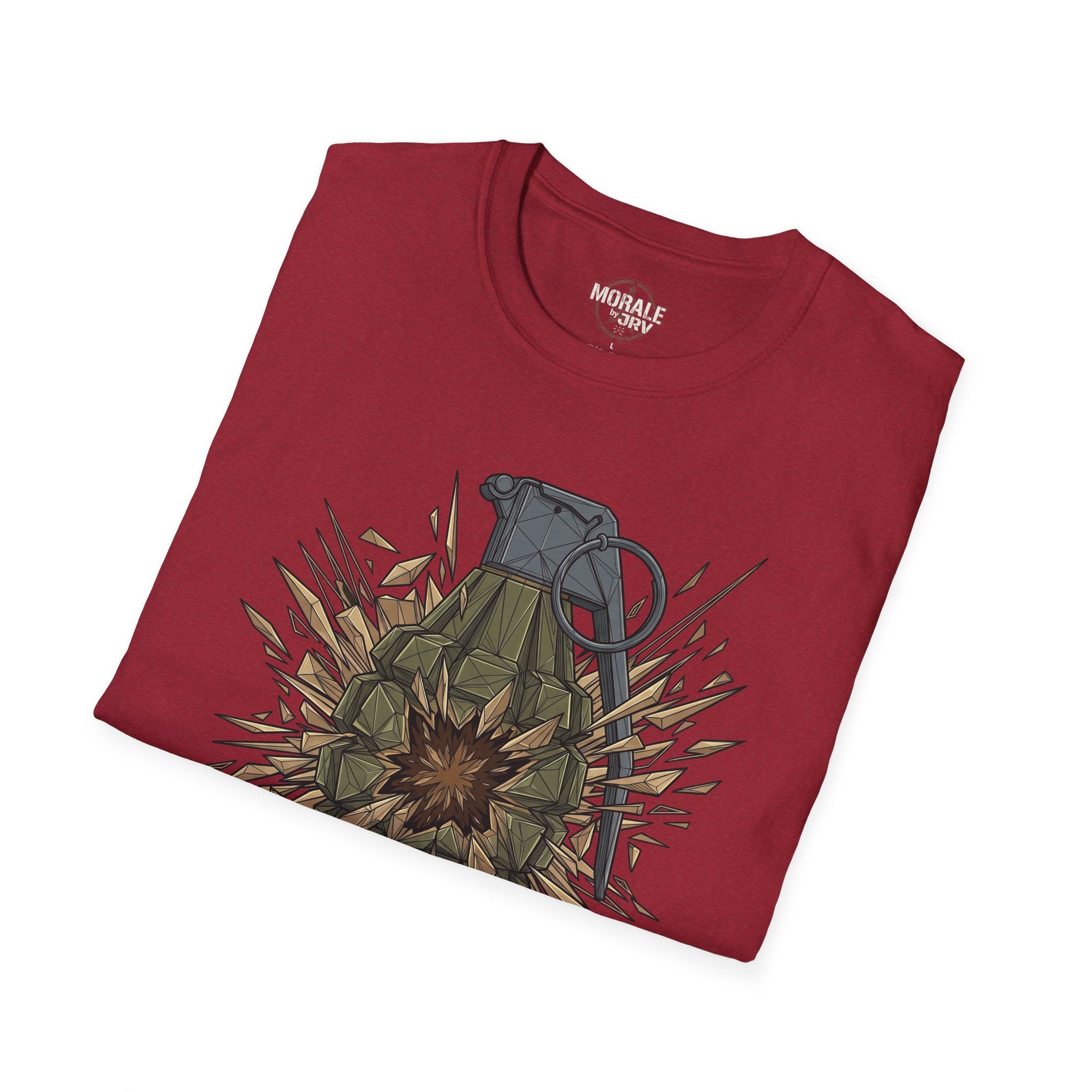 Antique cherry red T-shirt with grenade explosion graphic in green and gold